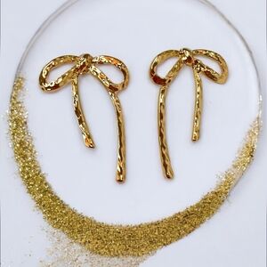 18K Gold Plated Elegant Hammered Ribbon Bow Stud Long Tassel Bowknot‎ Earrings